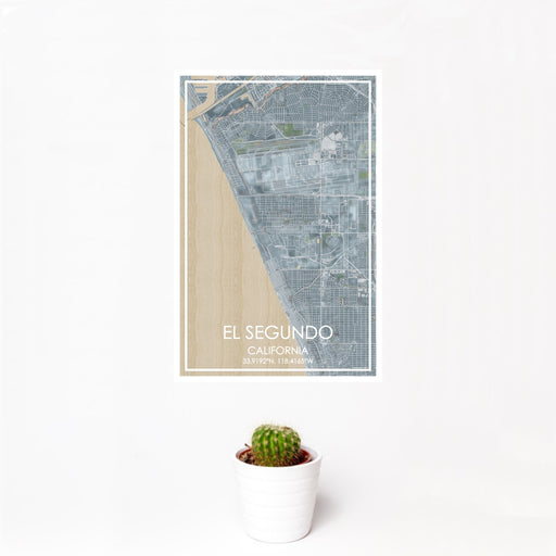 12x18 El Segundo California Map Print Portrait Orientation in Afternoon Style With Small Cactus Plant in White Planter