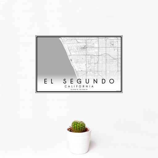 12x18 El Segundo California Map Print Landscape Orientation in Classic Style With Small Cactus Plant in White Planter