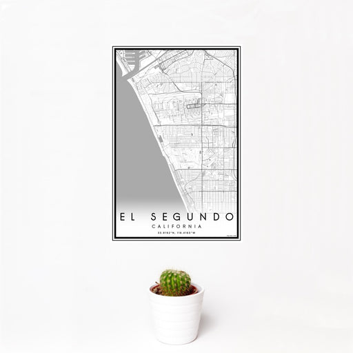 12x18 El Segundo California Map Print Portrait Orientation in Classic Style With Small Cactus Plant in White Planter