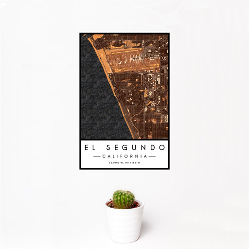 12x18 El Segundo California Map Print Portrait Orientation in Ember Style With Small Cactus Plant in White Planter