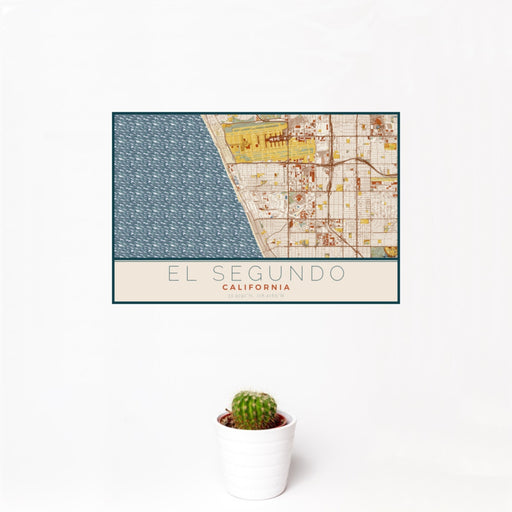 12x18 El Segundo California Map Print Landscape Orientation in Woodblock Style With Small Cactus Plant in White Planter
