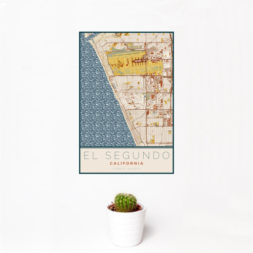 12x18 El Segundo California Map Print Portrait Orientation in Woodblock Style With Small Cactus Plant in White Planter