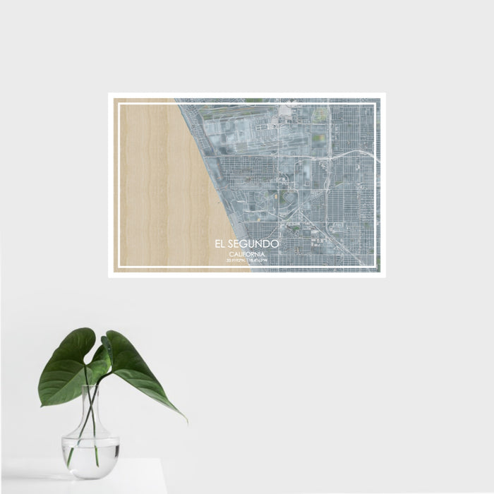 16x24 El Segundo California Map Print Landscape Orientation in Afternoon Style With Tropical Plant Leaves in Water