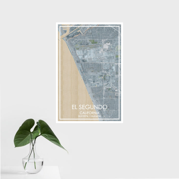 16x24 El Segundo California Map Print Portrait Orientation in Afternoon Style With Tropical Plant Leaves in Water
