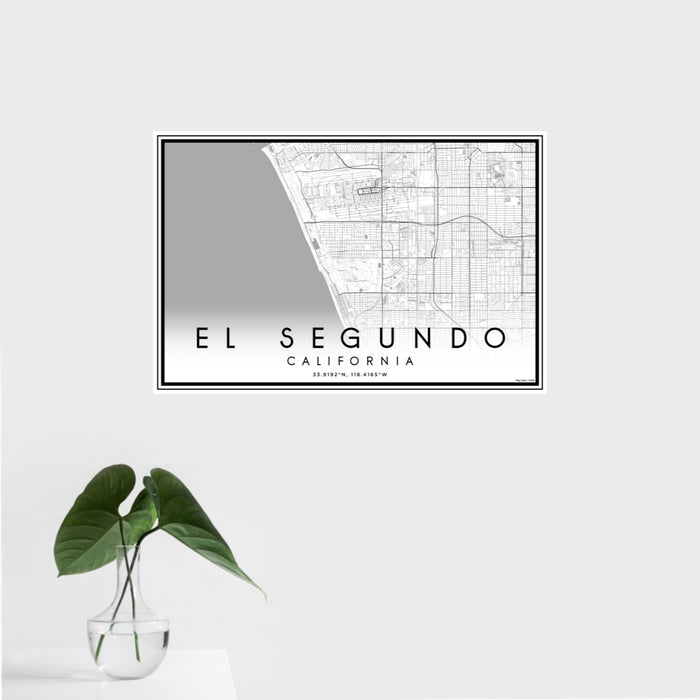 16x24 El Segundo California Map Print Landscape Orientation in Classic Style With Tropical Plant Leaves in Water