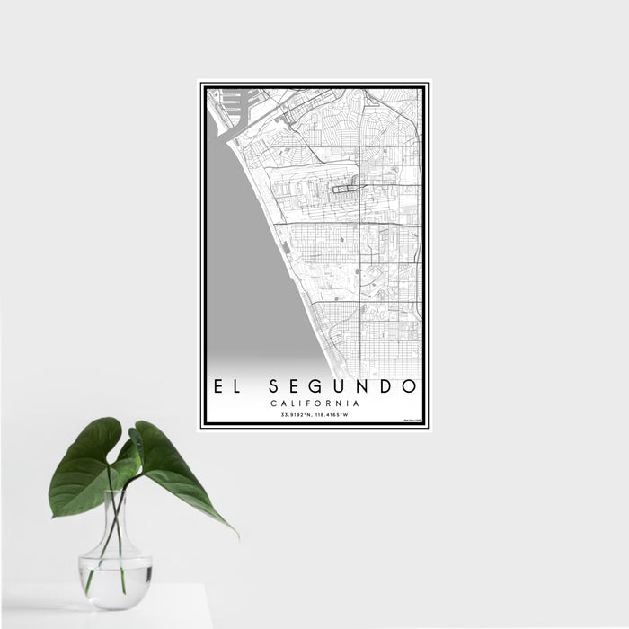 16x24 El Segundo California Map Print Portrait Orientation in Classic Style With Tropical Plant Leaves in Water