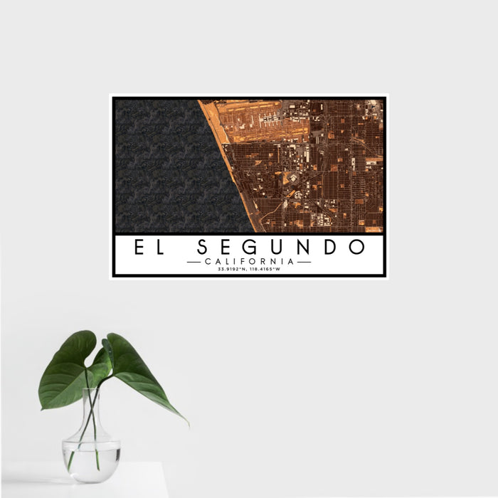 16x24 El Segundo California Map Print Landscape Orientation in Ember Style With Tropical Plant Leaves in Water