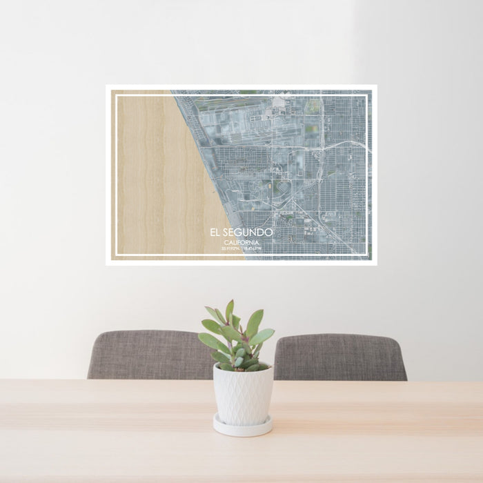 24x36 El Segundo California Map Print Lanscape Orientation in Afternoon Style Behind 2 Chairs Table and Potted Plant