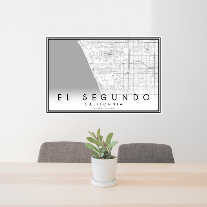 24x36 El Segundo California Map Print Lanscape Orientation in Classic Style Behind 2 Chairs Table and Potted Plant
