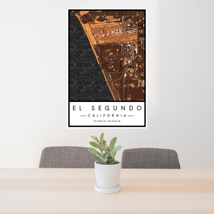24x36 El Segundo California Map Print Portrait Orientation in Ember Style Behind 2 Chairs Table and Potted Plant