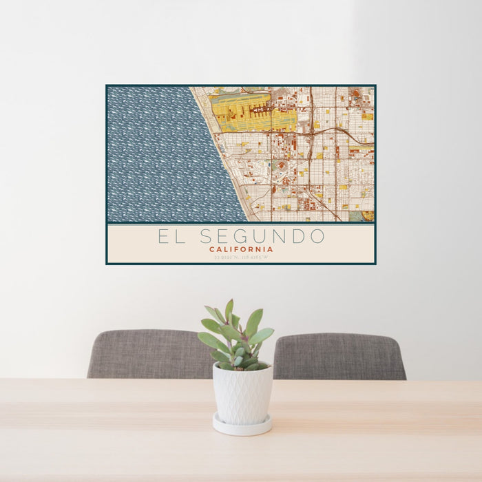 24x36 El Segundo California Map Print Lanscape Orientation in Woodblock Style Behind 2 Chairs Table and Potted Plant