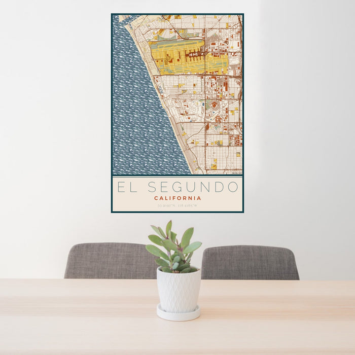 24x36 El Segundo California Map Print Portrait Orientation in Woodblock Style Behind 2 Chairs Table and Potted Plant