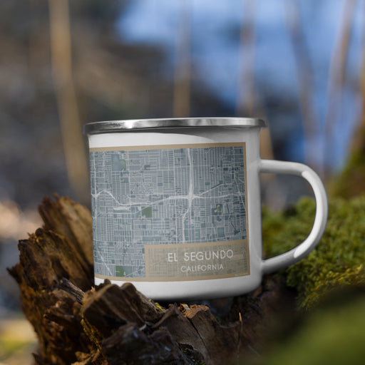 Right View Custom El Segundo California Map Enamel Mug in Afternoon on Grass With Trees in Background