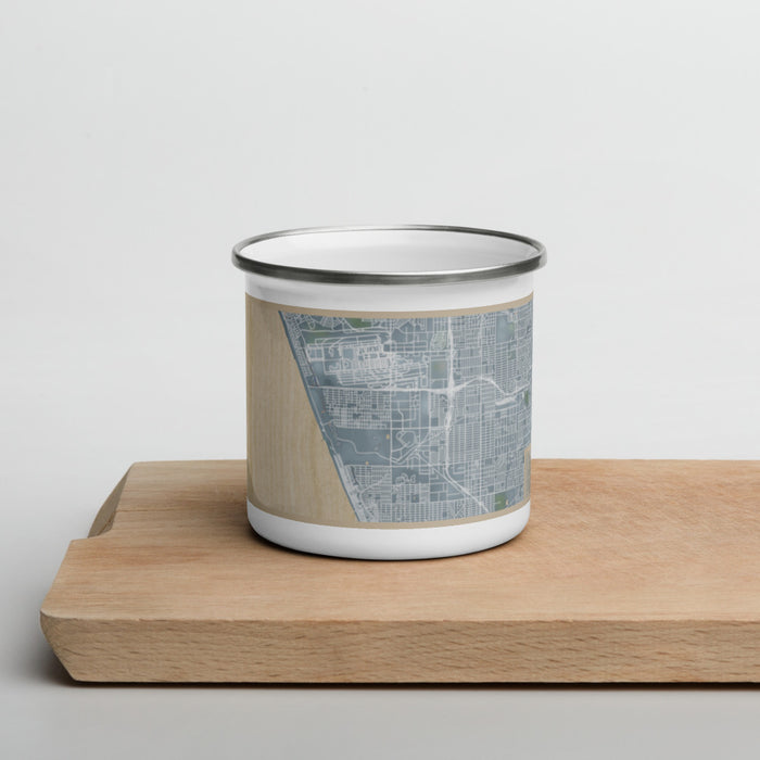 Front View Custom El Segundo California Map Enamel Mug in Afternoon on Cutting Board