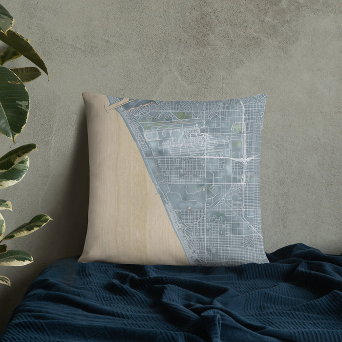 Custom El Segundo California Map Throw Pillow in Afternoon on Bedding Against Wall