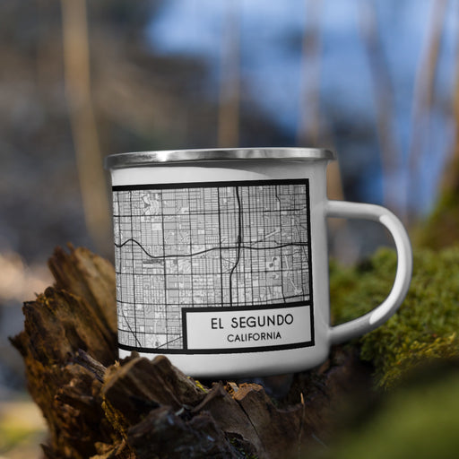 Right View Custom El Segundo California Map Enamel Mug in Classic on Grass With Trees in Background