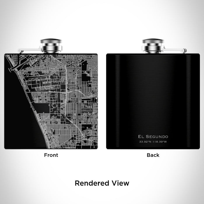 Rendered View of El Segundo California Map Engraving on 6oz Stainless Steel Flask in Black