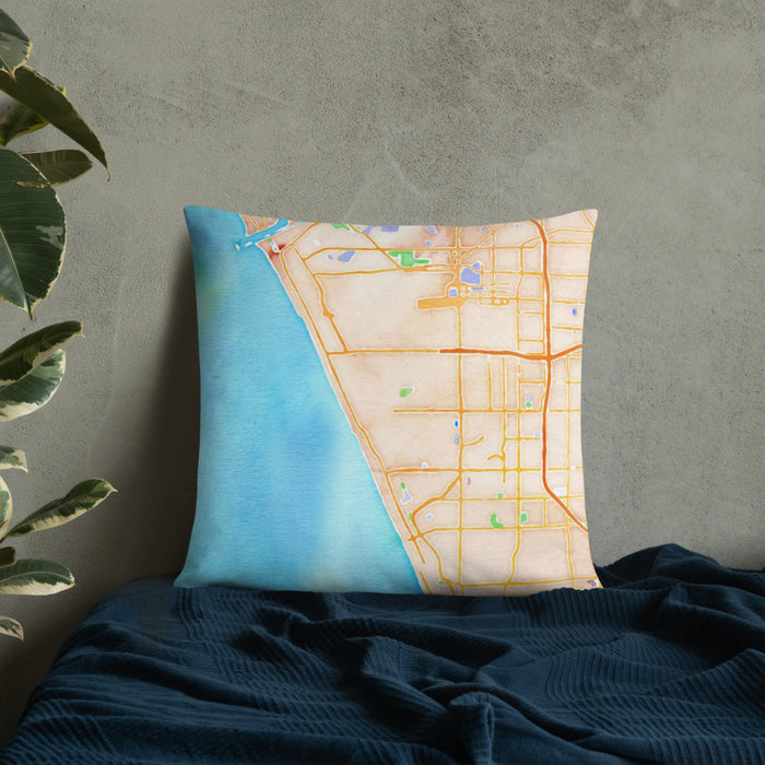Custom El Segundo California Map Throw Pillow in Watercolor on Bedding Against Wall