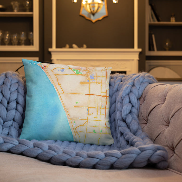 Custom El Segundo California Map Throw Pillow in Watercolor on Cream Colored Couch