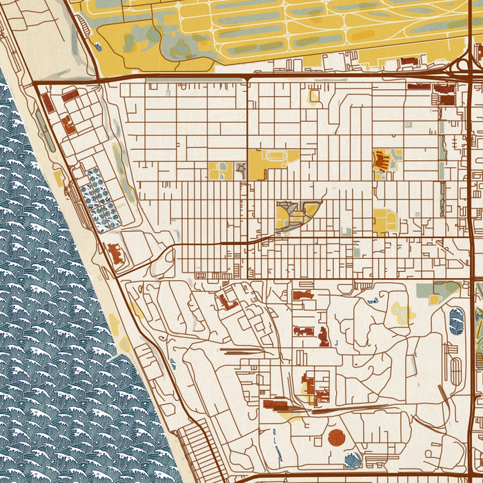 El Segundo California Map Print in Woodblock Style Zoomed In Close Up Showing Details