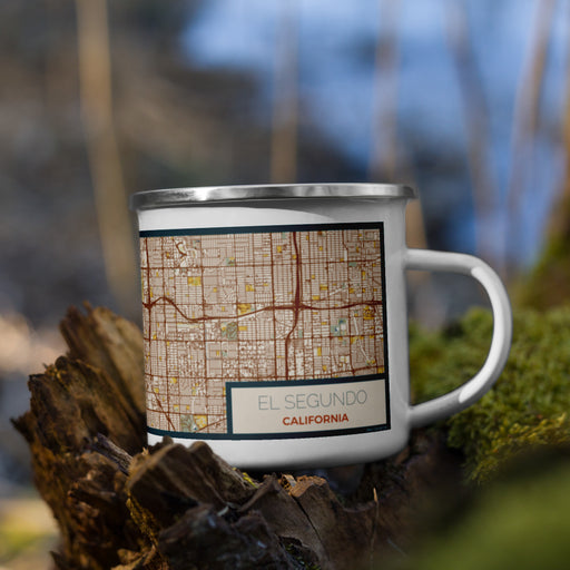 Right View Custom El Segundo California Map Enamel Mug in Woodblock on Grass With Trees in Background