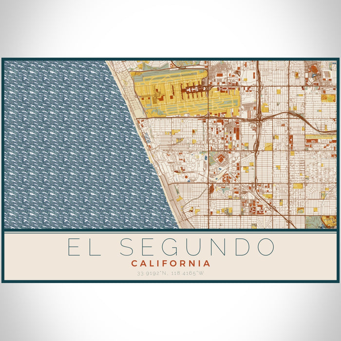 El Segundo California Map Print Landscape Orientation in Woodblock Style With Shaded Background