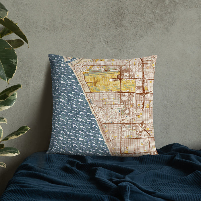 Custom El Segundo California Map Throw Pillow in Woodblock on Bedding Against Wall