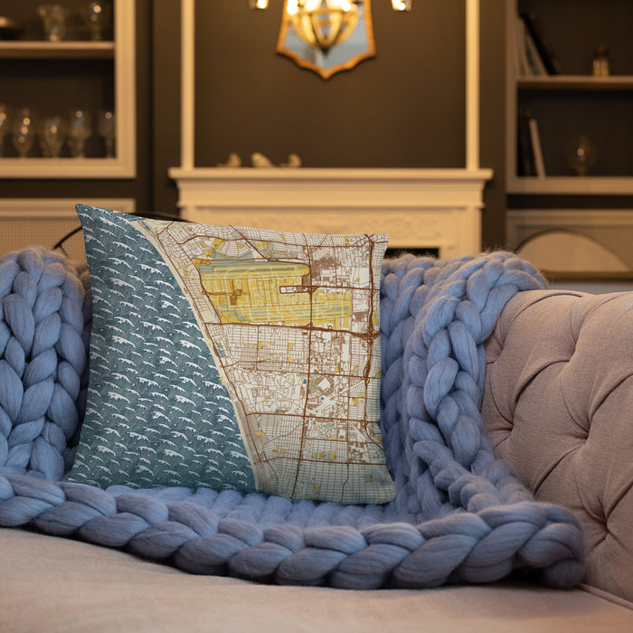 Custom El Segundo California Map Throw Pillow in Woodblock on Cream Colored Couch