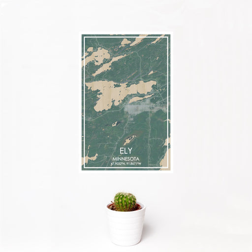 12x18 Ely Minnesota Map Print Portrait Orientation in Afternoon Style With Small Cactus Plant in White Planter