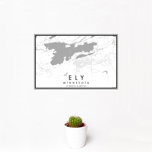 12x18 Ely Minnesota Map Print Landscape Orientation in Classic Style With Small Cactus Plant in White Planter