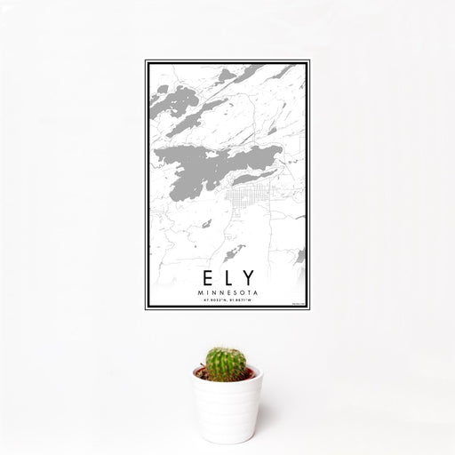 12x18 Ely Minnesota Map Print Portrait Orientation in Classic Style With Small Cactus Plant in White Planter
