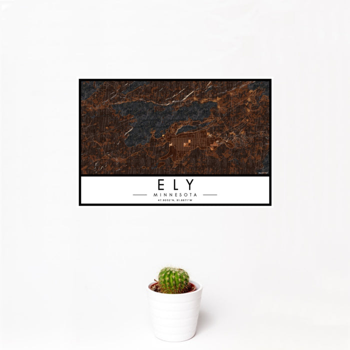 12x18 Ely Minnesota Map Print Landscape Orientation in Ember Style With Small Cactus Plant in White Planter