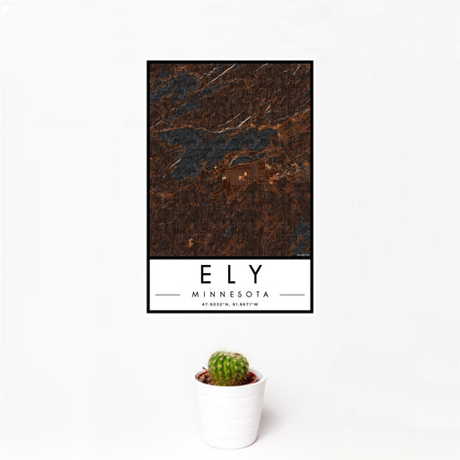 12x18 Ely Minnesota Map Print Portrait Orientation in Ember Style With Small Cactus Plant in White Planter