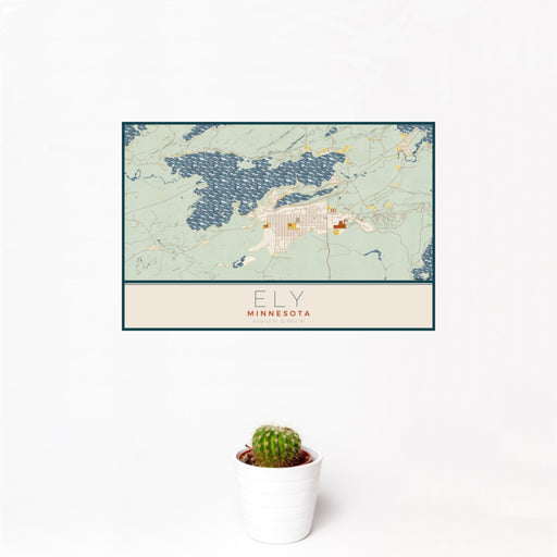 12x18 Ely Minnesota Map Print Landscape Orientation in Woodblock Style With Small Cactus Plant in White Planter