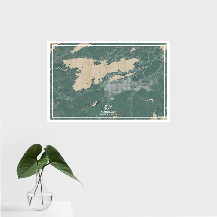 16x24 Ely Minnesota Map Print Landscape Orientation in Afternoon Style With Tropical Plant Leaves in Water