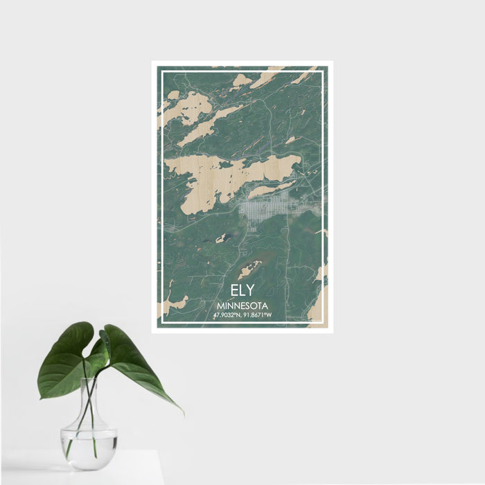 16x24 Ely Minnesota Map Print Portrait Orientation in Afternoon Style With Tropical Plant Leaves in Water