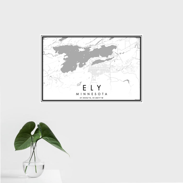 16x24 Ely Minnesota Map Print Landscape Orientation in Classic Style With Tropical Plant Leaves in Water
