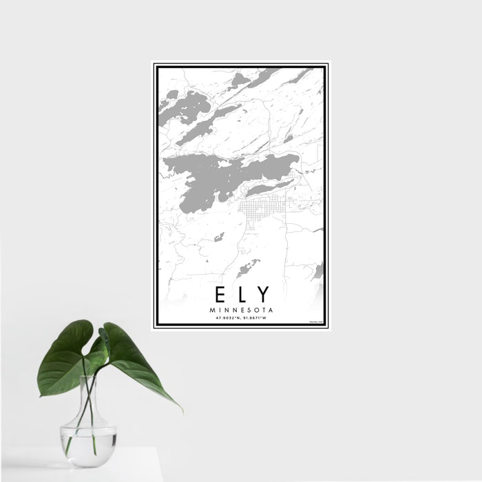 16x24 Ely Minnesota Map Print Portrait Orientation in Classic Style With Tropical Plant Leaves in Water