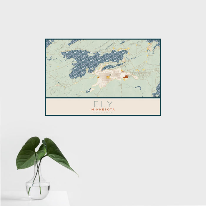 16x24 Ely Minnesota Map Print Landscape Orientation in Woodblock Style With Tropical Plant Leaves in Water