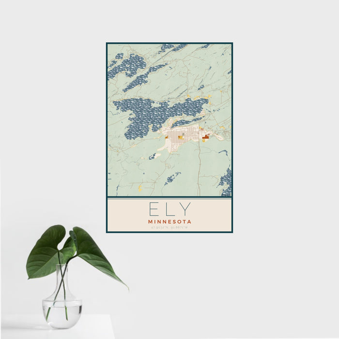 16x24 Ely Minnesota Map Print Portrait Orientation in Woodblock Style With Tropical Plant Leaves in Water