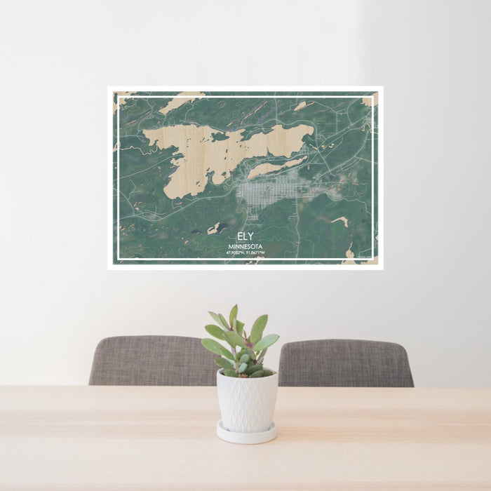 24x36 Ely Minnesota Map Print Lanscape Orientation in Afternoon Style Behind 2 Chairs Table and Potted Plant