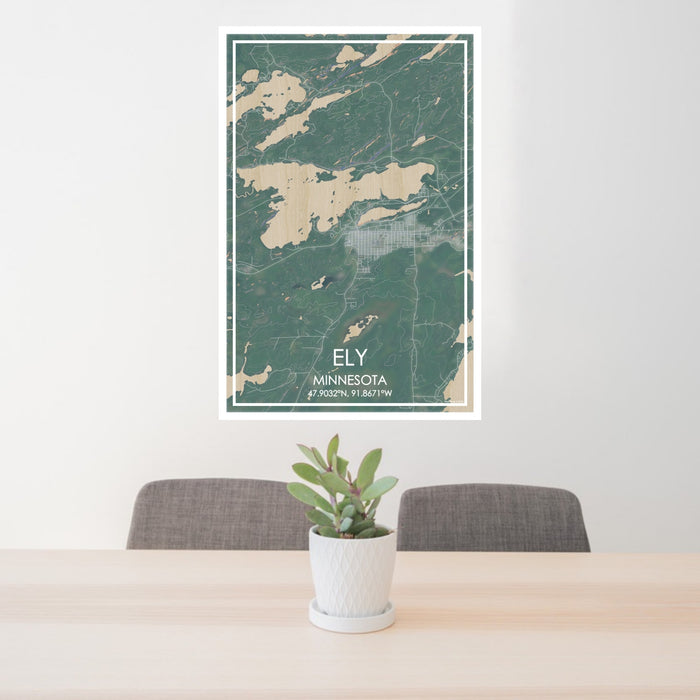 24x36 Ely Minnesota Map Print Portrait Orientation in Afternoon Style Behind 2 Chairs Table and Potted Plant