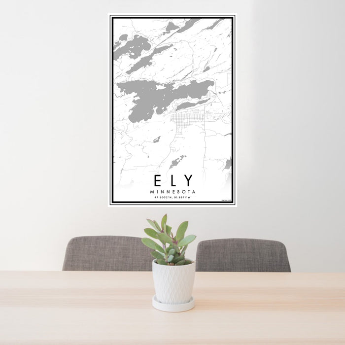 24x36 Ely Minnesota Map Print Portrait Orientation in Classic Style Behind 2 Chairs Table and Potted Plant
