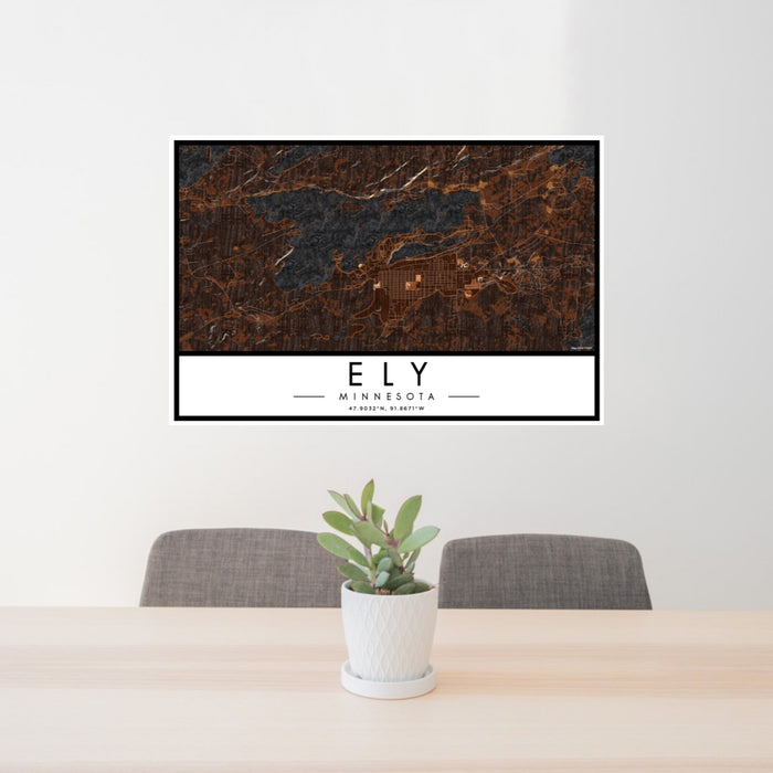 24x36 Ely Minnesota Map Print Lanscape Orientation in Ember Style Behind 2 Chairs Table and Potted Plant