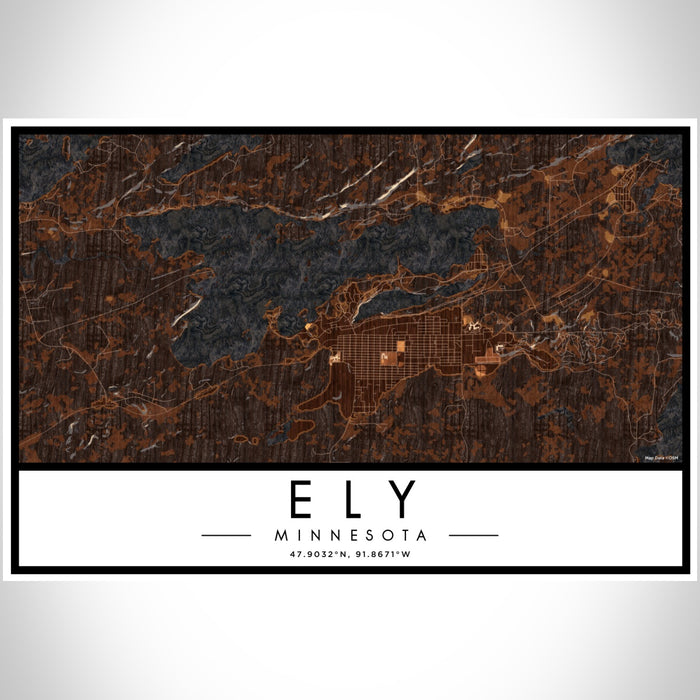 Ely Minnesota Map Print Landscape Orientation in Ember Style With Shaded Background