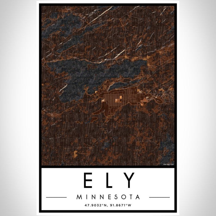 Ely Minnesota Map Print Portrait Orientation in Ember Style With Shaded Background