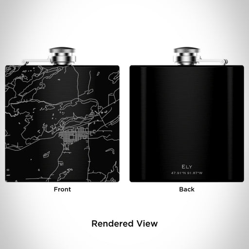 Rendered View of Ely Minnesota Map Engraving on 6oz Stainless Steel Flask in Black