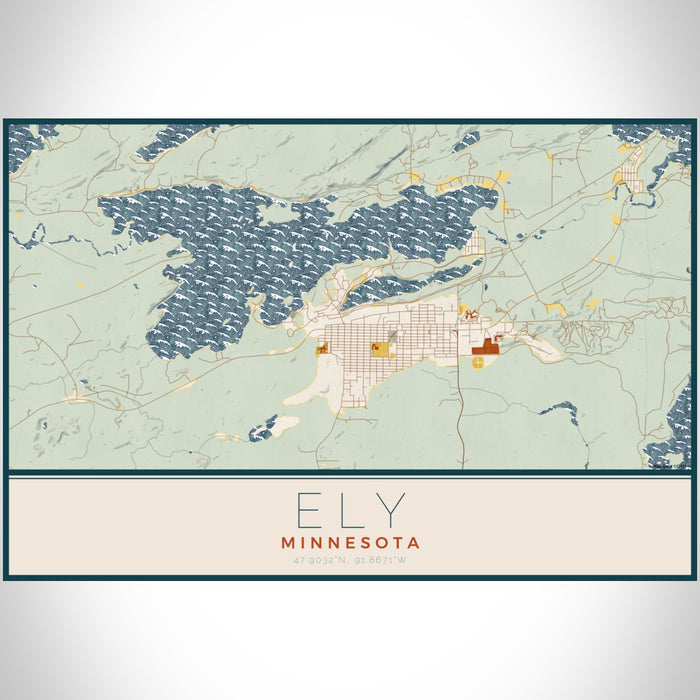 Ely Minnesota Map Print Landscape Orientation in Woodblock Style With Shaded Background