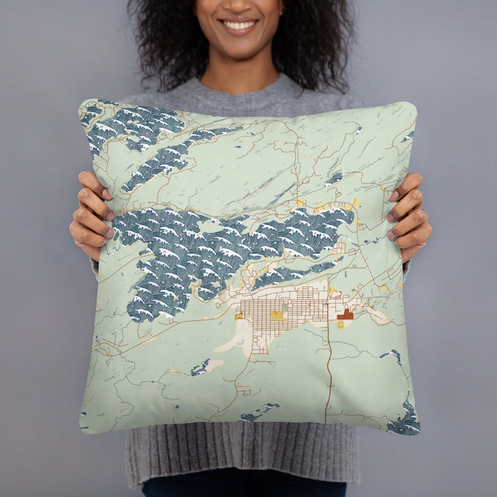 Person holding 18x18 Custom Ely Minnesota Map Throw Pillow in Woodblock