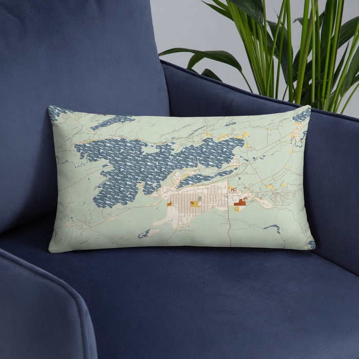 Custom Ely Minnesota Map Throw Pillow in Woodblock on Blue Colored Chair
